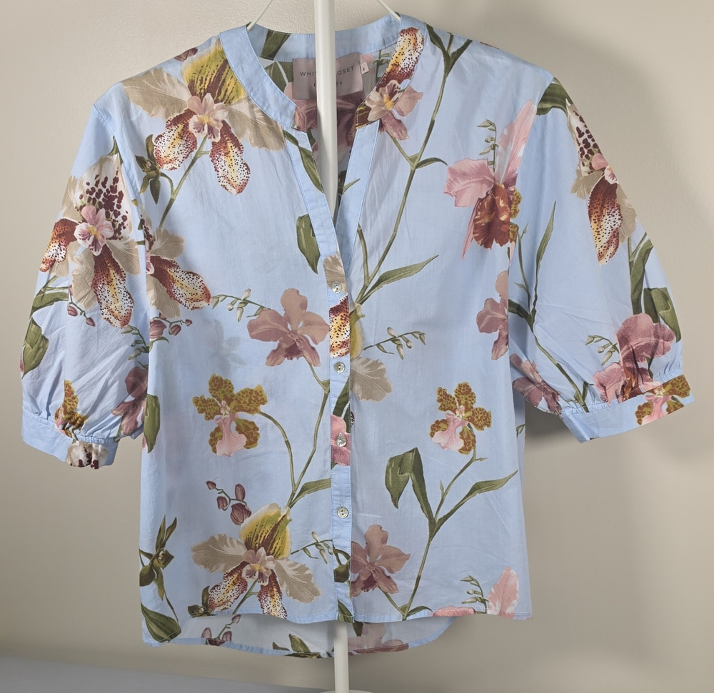 White Closet Floral V-Neck Short Sleeve 100% Cotton Blouse M XL Australia